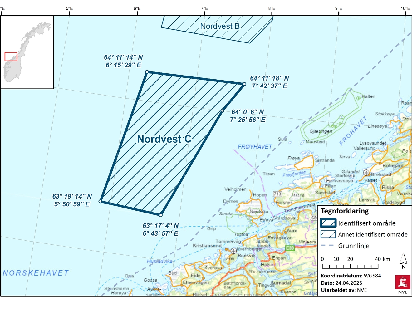 Georgrafisk plassering av området Nordvest C - Hentet fra NVE sin veileder om akutelle områder for havvind