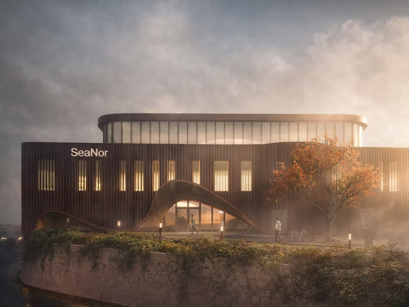 POETIC har vunnet arkitektkonkurransen om transformasjonen av Omagata 110C, et eksisterende kontorbygg i Kristiansund. Bildet er en visualisering av hvordan bygget kan se ut etter transformasjonen. Visualisering: POETIC